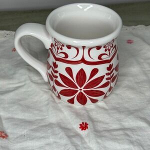 Katie Brown Meijer Red White Floral Ceramic Coffee Mug Folk Art Stoneware Decor